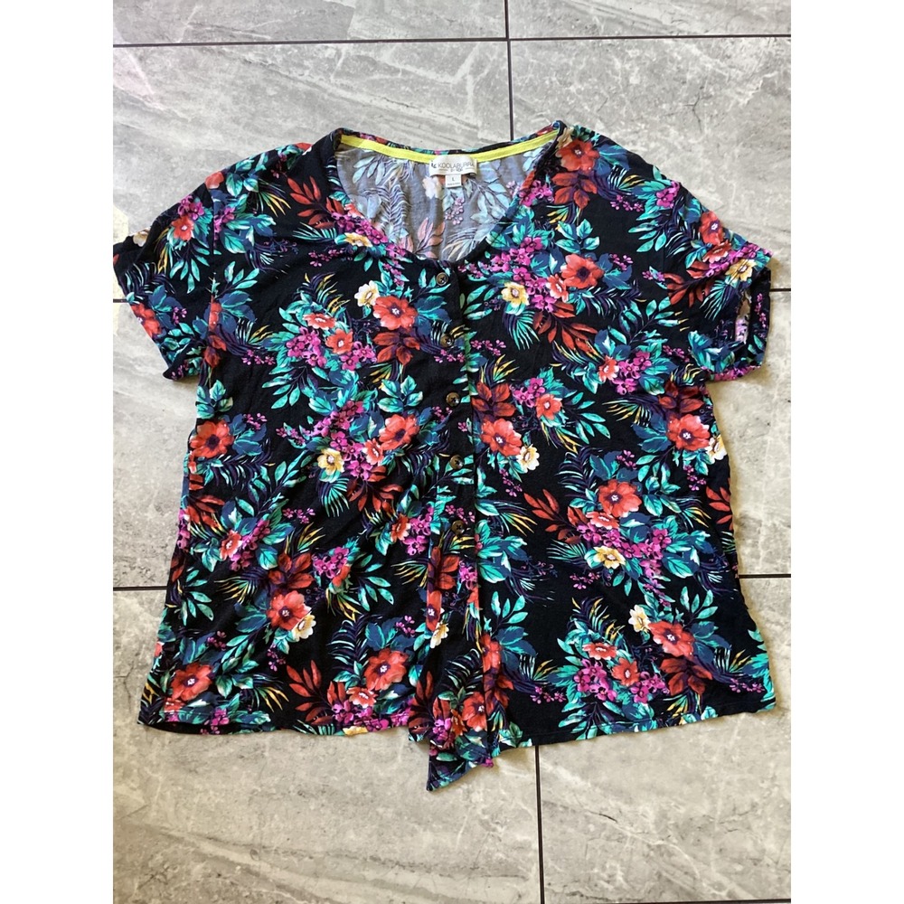 Koolaburra by UGG Womens Floral Button Front Short Sleeve Modal Blend Top Large